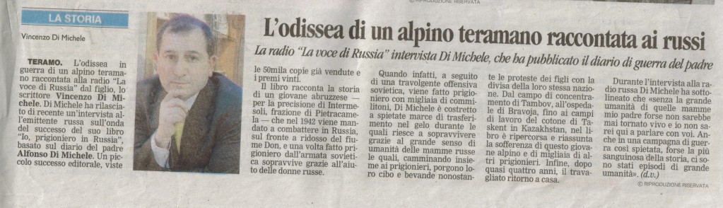 Dal giornale "Il Centro":  L'odissea di un alpino Teramano raccontata ai Russi